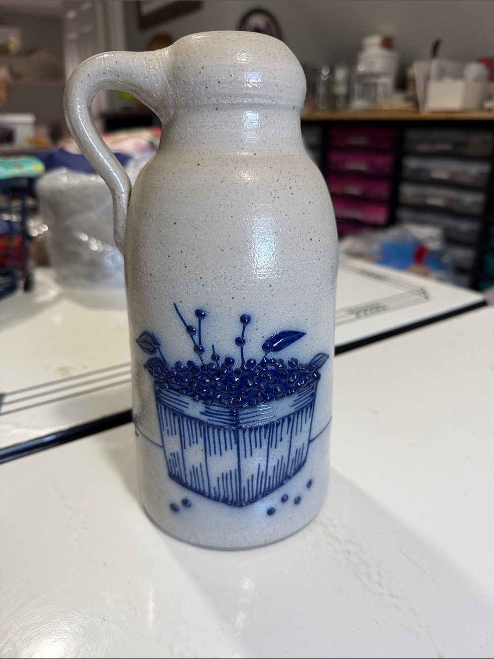 Salmon Falls Stoneware 1993 Salt Glazed Stoneware Jug with Berry Pattern